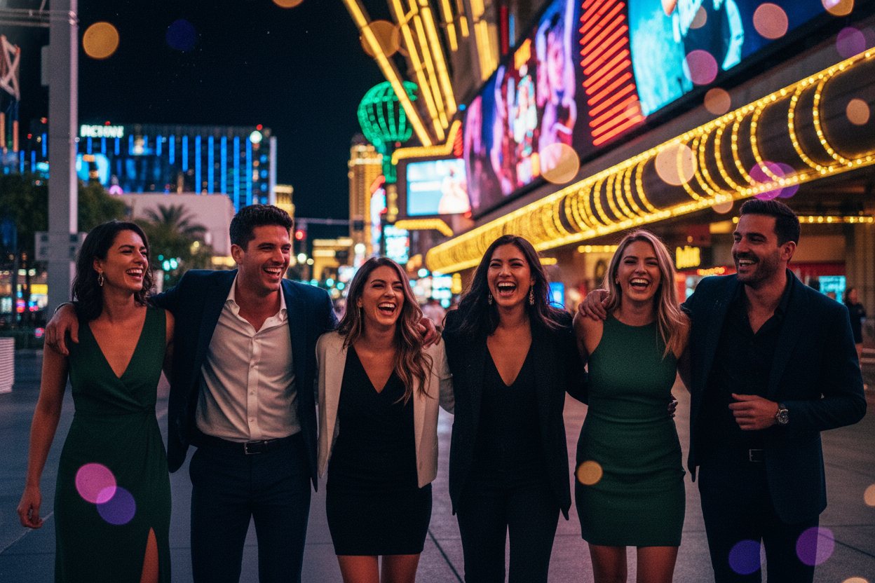 A lively, happy Las Vegas crowd enjoying a night out.